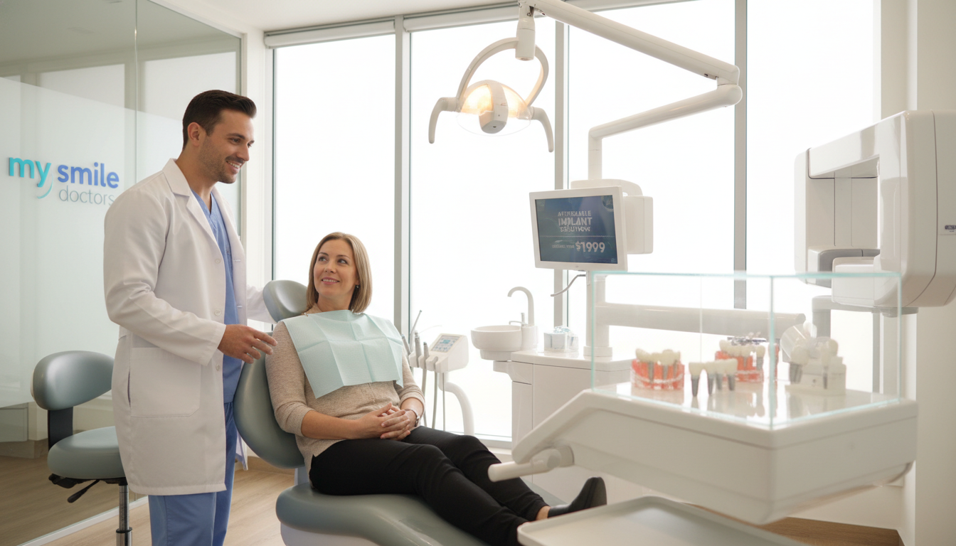 A modern, inviting dental clinic interior focusing on affordable dental implant surgery. In the foreground, a confident, smiling dentist in professional attire is interacting with a patient seated in a dental chair, looking calm and reassured. The middle-ground features advanced dental equipment and a clear display of dental implant models, symbolizing affordability. In the background, a large window lets in natural light, illuminating the clean, sterile environment and providing a warm atmosphere. The clinic's logo, "my smile doctors," is subtly visible on a wall. The image conveys trust, professionalism, and a sense of comfort, ideal for patients considering dental implant solutions in Sydney. Use a bright and airy lighting scheme, captured with a soft-focus lens to create an approachable and friendly mood.