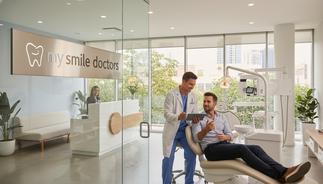 A modern, welcoming dental clinic in Sydney, branded with "my smile doctors" prominently displayed on a stylish sign at the entrance. The foreground features a friendly dentist in professional attire engaged in a consultation with a patient, both appearing relaxed and comfortable. In the middle ground, sleek dental equipment and a bright, clean reception area visible, radiating a sense of professionalism and care. The background showcases large windows allowing natural light to flood the space, with greenery just outside to create a soothing atmosphere. The lighting is bright but soft, emphasizing a clean and inviting ambiance. Capture the essence of a top-notch dental implant clinic with a focus on gentle, affordable solutions in a serene, organized setting.