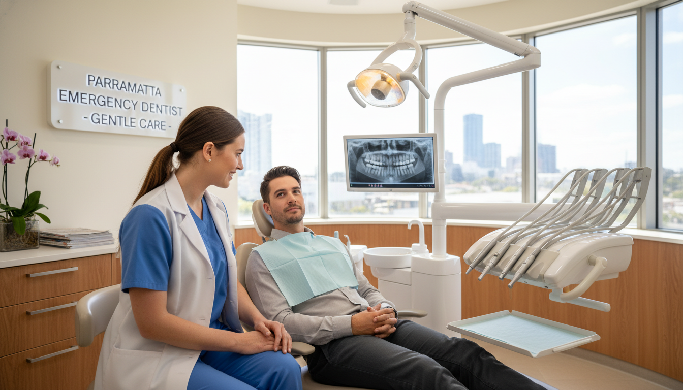 A professional and comforting image of an emergency dentist in Parramatta providing gentle care to a patient, modern dental surgery background, warm and reassuring atmosphere, high quality.