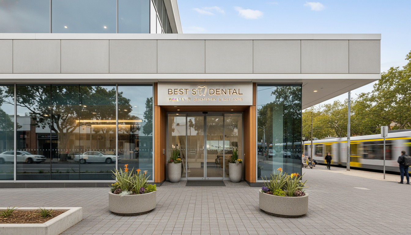 A professional and high-resolution photo of a modern dental surgery exterior in Parramatta, Australia, with a welcoming entrance and clear signage for Best St. Dental under soft daylight.