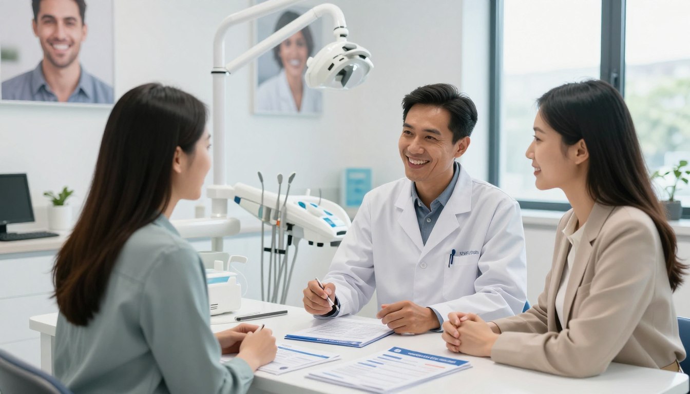 A professional and inviting atmosphere depicting a dental consultation setting focused on flexible payment plans and health fund benefits. In the foreground, a friendly, diverse dentist and a patient in business attire are discussing options at a sleek, modern desk filled with pamphlets detailing payment plans. The middle background shows a clean, bright dental clinic with state-of-the-art equipment and cheerful, inspirational images of smiles on the walls. Soft, natural lighting floods the room from large windows, creating a welcoming mood. The scene conveys trust and professionalism, highlighting the brand "my smile doctors" subtly within the decor. The composition should be warm and friendly, designed to assure patients of their financial options in cosmetic dentistry.