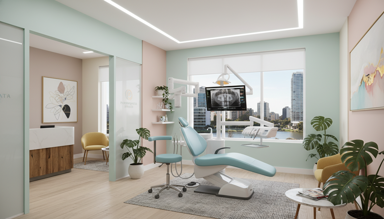 A professional and modern dental clinic interior in Parramatta, Australia, showing a clean treatment room with advanced technology, a soft pastel colour palette to reduce anxiety, and a warm, welcoming atmosphere, high resolution, photorealistic style.