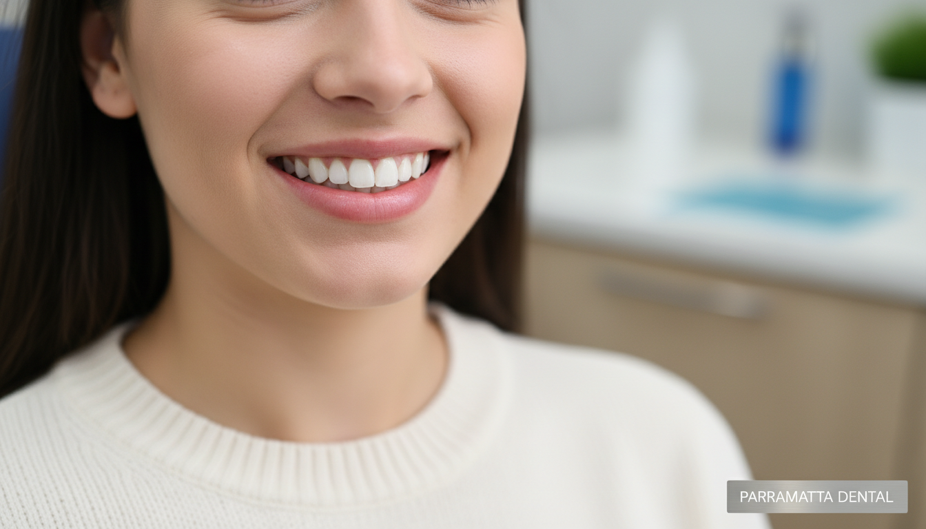 A professional and warm close-up photo of a patient at a Parramatta dental clinic showing a subtly improved, natural-looking smile after a composite bonding procedure, high-quality dental photography style.