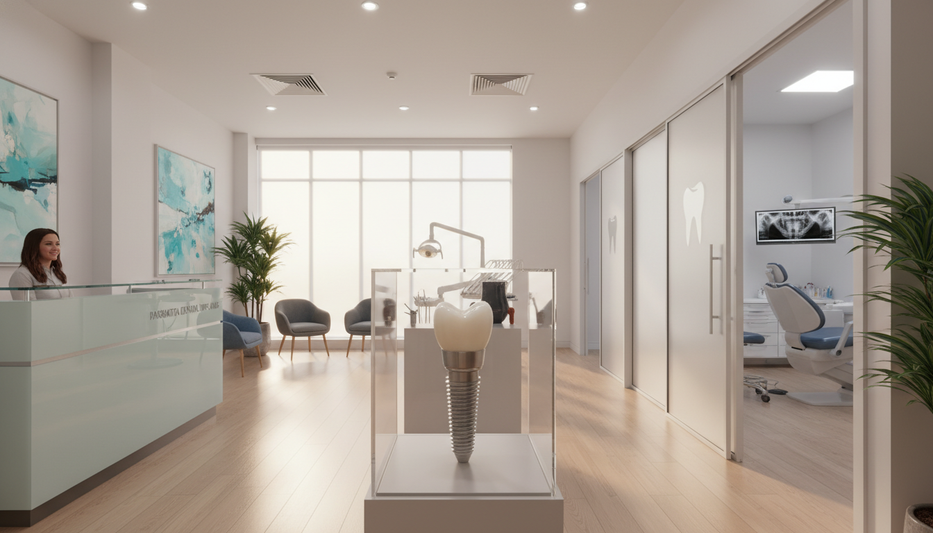 A professional and warm dental clinic interior in Parramatta, showcasing a high-quality titanium dental implant with a realistic porcelain crown, soft natural lighting, high resolution, clinical yet welcoming aesthetic.