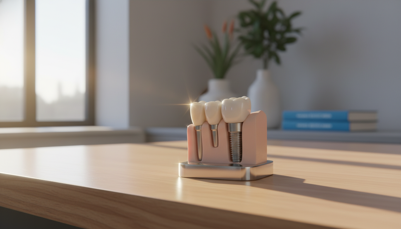 A professional and warm photograph of a dental implant model on a wooden desk in a modern Australian clinic, showing a natural-looking porcelain crown, soft morning sunlight, calming atmosphere.