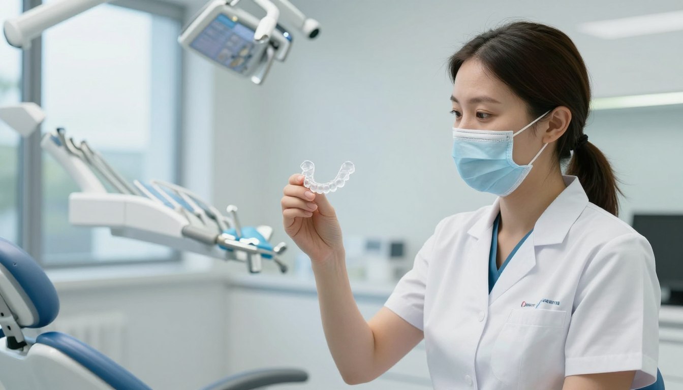 A professional dental clinic interior in Parramatta, showcasing a clear Invisalign aligner held delicately by a dentist, soft natural lighting, high resolution, 4k.
