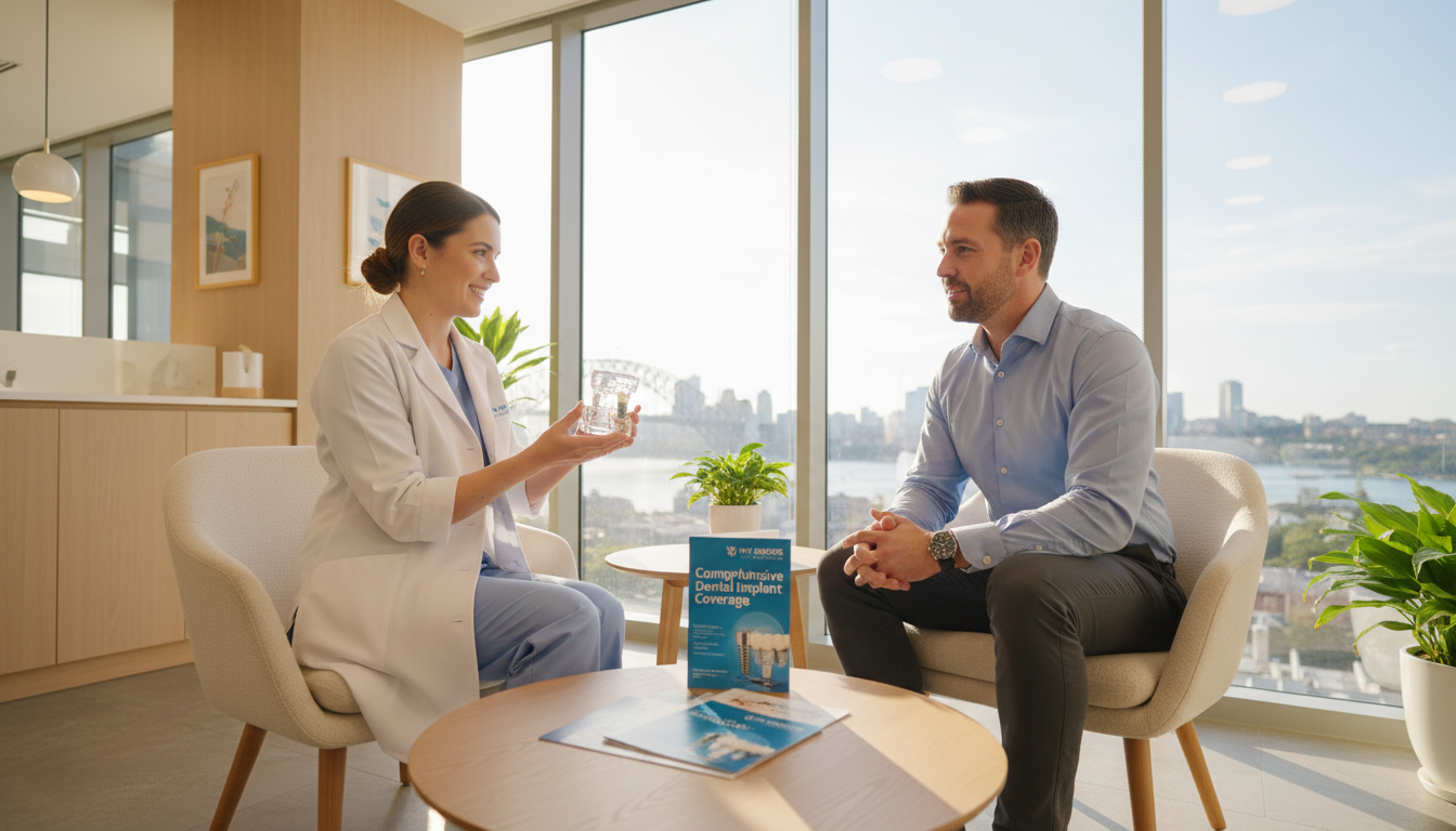 A professional dental clinic scene in Sydney, showcasing a modern waiting area with soft, warm lighting. In the foreground, a friendly dentist in a white coat, holding a dental implant model, is engaged in a consultation with a patient wearing business casual attire. The midground displays informational brochures about dental implant insurance coverage, focusing on "my smile doctors." In the background, there are large windows revealing a bright Sydney skyline, enhancing the atmosphere of trust and professionalism. The overall mood is calm and reassuring, ideal for a healthcare setting. Shot with a slight angle to create depth, utilizing a shallow depth of field to highlight the dentist and patient interaction.