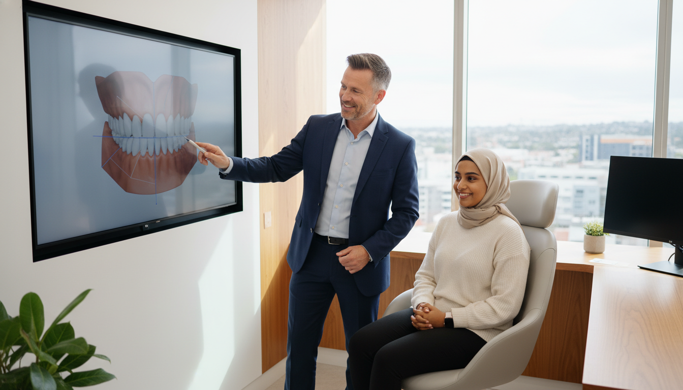 A professional dental consultation in Parramatta NSW, showing a friendly dentist explaining a digital treatment plan to a smiling patient in a bright, modern clinical room with warm timber accents.