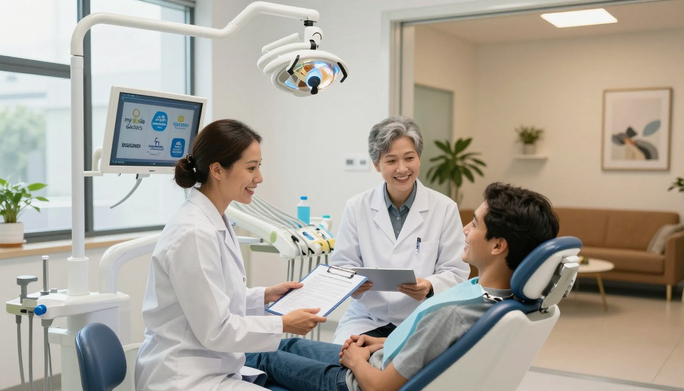 A professional dental office environment illustrating the concept of insurance partnerships for dental care. In the foreground, two dentists dressed in smart professional attire, are discussing treatment plans with a smiling patient seated in a modern dental chair. The middle ground features dental equipment and a digital display showcasing insurance logos including "my smile doctors," emphasizing collaboration with health funds. The background includes a warm, inviting waiting area decorated with plants and art, enhancing the overall comfort of the space. Soft, natural lighting streams through large windows, creating a friendly and approachable atmosphere. The overall mood is optimistic and reassuring, conveying the importance of accessible dental care through partnerships. Use a wide-angle lens to capture the full environment, maintaining a clear focus on the interactions between the dental professionals and the patient.
