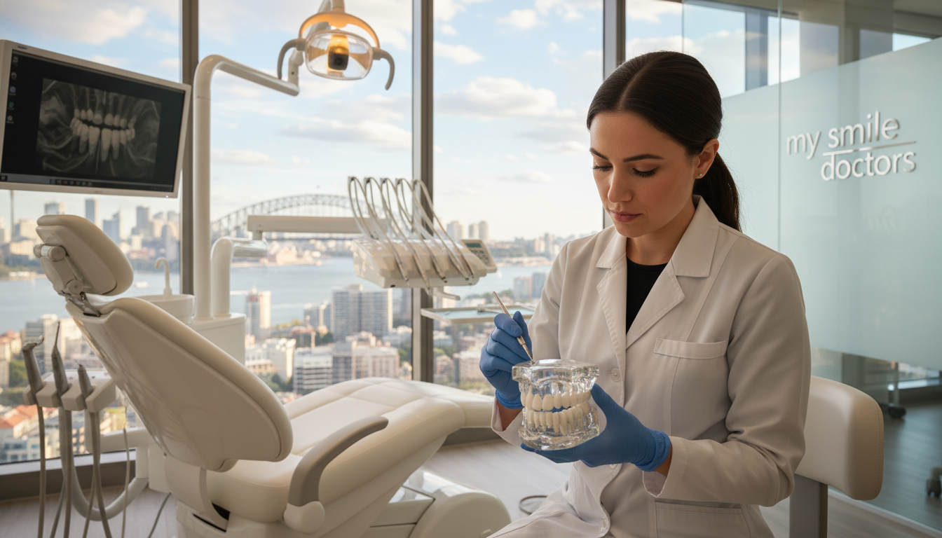 A professional dental office scene featuring high-quality dental implants in Sydney. In the foreground, a skilled dentist in a white coat and gloves is attentively examining a dental implant model, showcasing precision and care. The middle ground includes a clean and modern dental chair, with state-of-the-art dental equipment neatly arranged, emphasizing a focus on patient comfort. The background displays large windows letting in soft natural light, creating a warm and inviting atmosphere. The ambiance is serene, suggesting a painless and gentle dental experience, reflective of "my smile doctors". The overall mood conveys trust, expertise, and professionalism, ideal for maintaining dental implants.