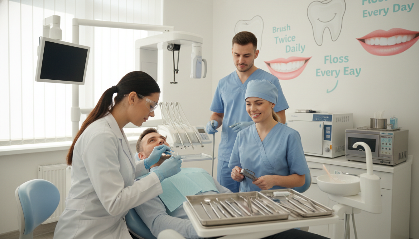A professional dental team consisting of three members in a well-lit clinic setting, conveying a sense of care and expertise. In the foreground, a dentist wearing a white coat and protective eyewear examines a patient in a dental chair, while a dental hygienist, smiling and dressed in scrubs, prepares tools on a nearby tray. The dentist's assistant, also in scrubs, stands beside, ready to assist with a gentle demeanor. The middle ground features modern dental equipment, such as a digital X-ray machine and sterilization area. Soft, natural lighting floods the room, creating a warm and welcoming atmosphere. The background includes a calming mural of healthy teeth and oral hygiene tips, enhancing the professional yet friendly mood of the scene. The camera angle should be slightly elevated, capturing both the team and a sense of professionalism in patient care.