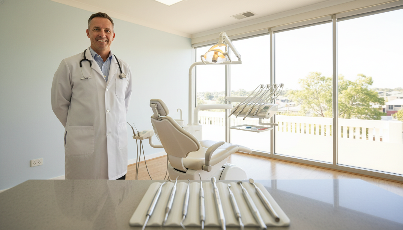 A professional dentist standing confidently in a modern dental office in Parramatta. The dentist, a middle-aged Caucasian male, wears a crisp white lab coat, with a stethoscope draped around his neck. He has a friendly smile, showcasing excellent oral health. The foreground features dental tools neatly organized on a counter, while in the middle ground, a bright dental chair and an overhead light illuminate a well-designed patient room. The background displays a large window with natural light filtering through, revealing lush green trees outside. The mood is warm and inviting, highlighting professionalism and comfort. The lighting is soft and bright, creating an atmosphere of cleanliness and reassurance, captured with a wide-angle lens from a slightly low angle to emphasize the dentist's stature.