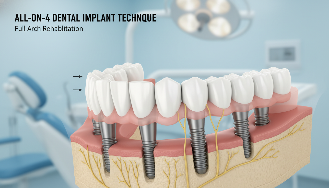 A professional medical illustration of a full dental arch bridge secured by four angled implants in the jaw, highlighting the All-On-4 technique.