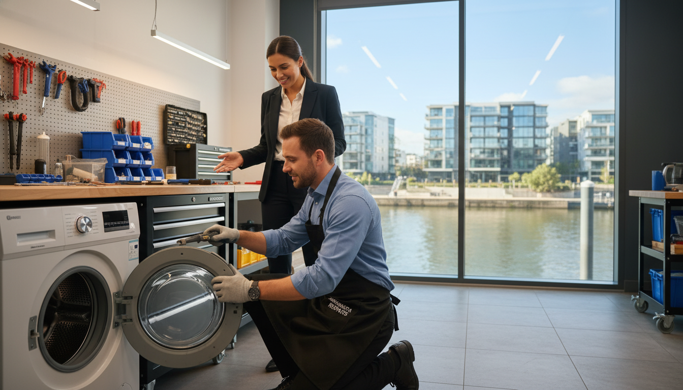 A professional repair service setting in Parramatta, showcasing a trustworthy technician in smart business attire working on a household appliance in the foreground. The technician is engaged, focused, and calmly interacting with a satisfied customer, conveying a sense of reliability and professionalism. In the middle ground, a well-organized, modern workshop with tools neatly arranged on workbenches, softly lit to create a warm atmosphere. In the background, a recognizable landmark of Parramatta, such as the iconic Parramatta River or local architecture, under a clear blue sky, enhancing the sense of locality. The lighting is bright and inviting, creating a positive, approachable mood. The angle is slightly elevated, providing a comprehensive view of the scene while maintaining a focus on the service's reliability.
