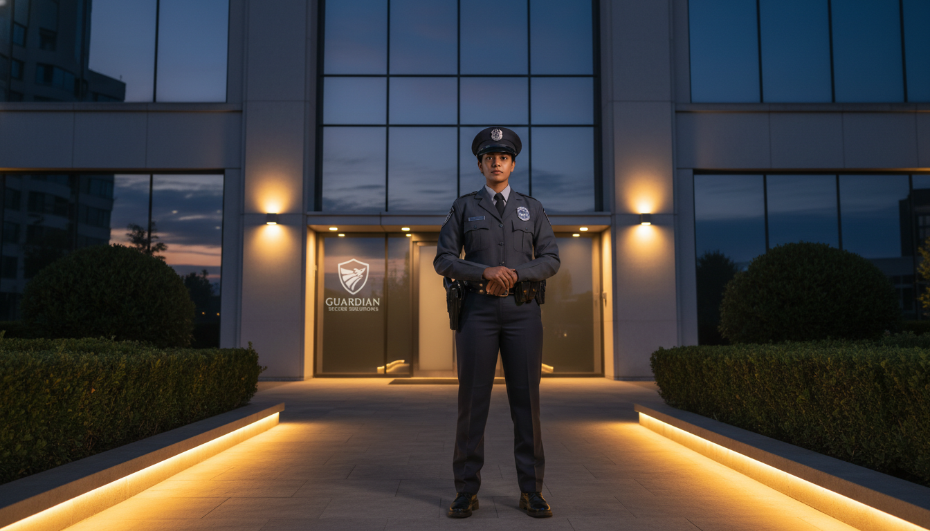 A professional security officer in a neat uniform standing confidently in front of a modern commercial property at dusk, with subtle lighting emphasizing safety and protection.