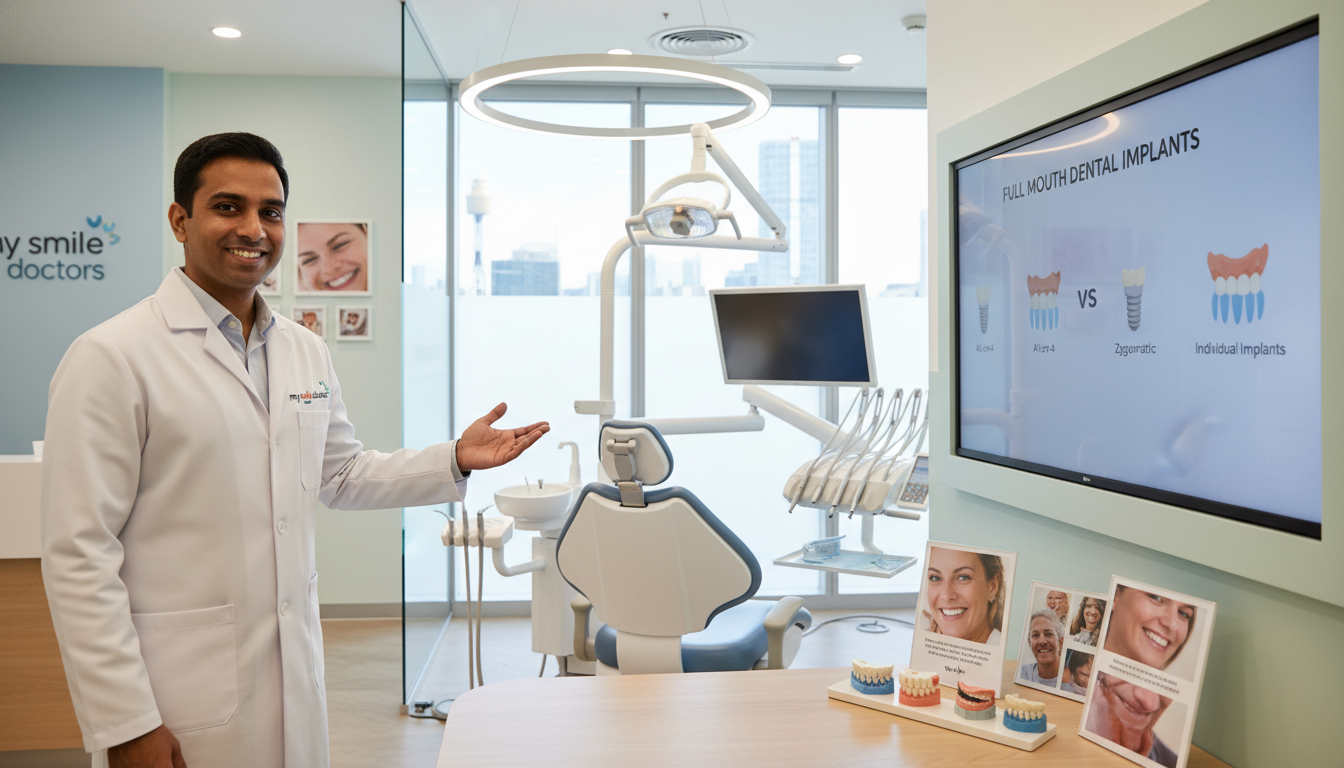 A professionally designed dental clinic interior in Sydney, showcasing a range of full mouth dental implant options. In the foreground, a friendly dentist in a white lab coat, smiling and pointing to a visual display of different implant types, exuding expertise and warmth. In the middle ground, high-quality images of dental implants arranged neatly on an examination table, illuminated by soft, natural light streaming through large windows, enhancing the clean and modern ambiance. The background displays a modern dental operatory, with state-of-the-art equipment and soothing colors, creating a calm atmosphere. The brand "my smile doctors" subtly integrated into the decor. The mood is reassuring, emphasizing painless care and professionalism.