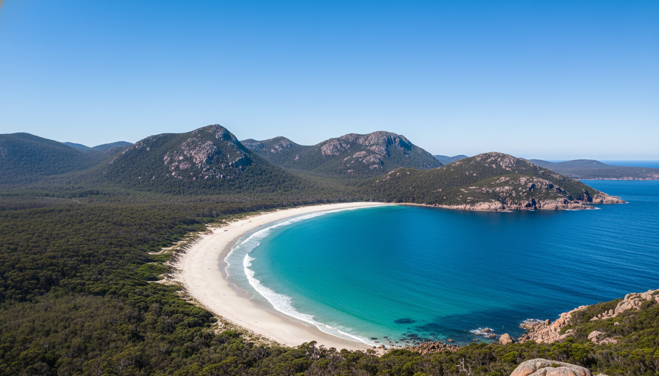 A scenic view of Wineglass Bay in Tasmania, showing the white sandy beach and the curved coastline with green mountains in the background.