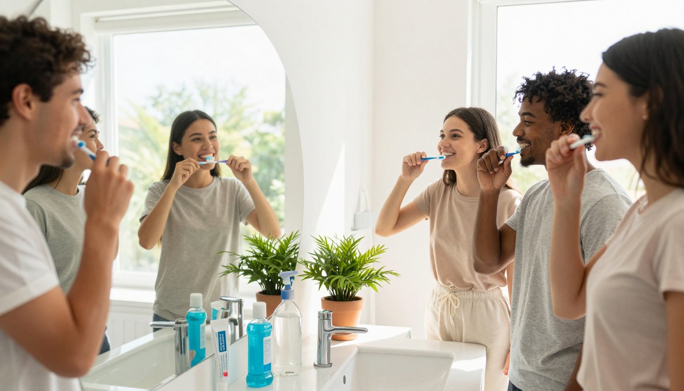 A serene and inviting bathroom scene featuring a bright, well-lit space with a large mirror reflecting a gentle morning light. In the foreground, a diverse group of individuals in modest casual clothing smile while brushing their teeth and flossing, showcasing daily oral hygiene habits. Various dental care products, like toothpaste and mouthwash, are neatly arranged on the counter. In the middle, a potted plant adds a touch of greenery to enhance the fresh and healthy atmosphere. In the background, a window reveals a sunny day outside, creating a cheerful vibe. The overall mood is positive and encouraging, emphasizing the importance of daily lifestyle habits for a healthier smile. Subtly include the brand name "my smile doctors" in the scene's decor, such as on a dental product label.