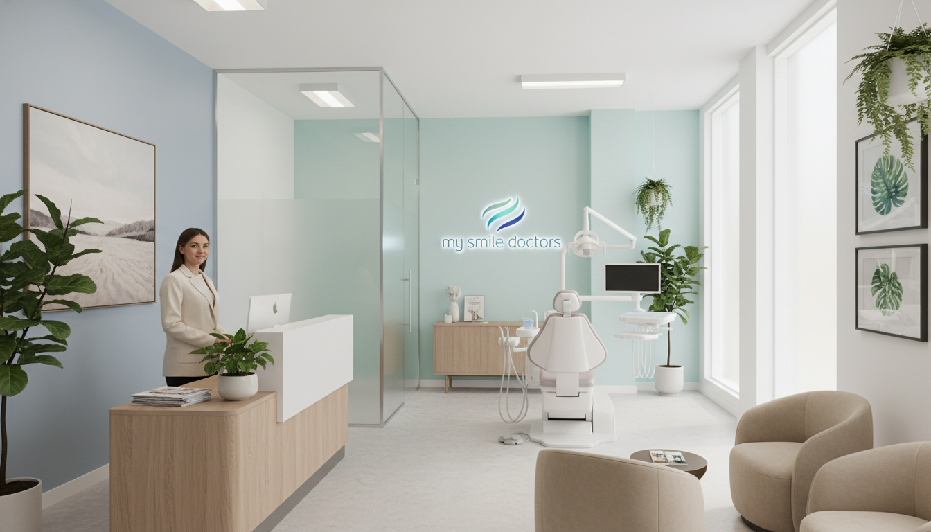A serene dental clinic environment designed to evoke a sense of calm and comfort. In the foreground, a bright, welcoming reception area features soft, beige armchairs and a sleek, wooden reception desk with a friendly staff member in professional attire, smiling at the viewer. In the middle ground, an open dental consultation room is visible, furnished with modern, ergonomic equipment and gentle, natural lighting that creates a warm atmosphere. The walls are decorated with soothing artwork and plants, while large windows let in soft daylight, enhancing the tranquil mood. In the background, a softly colored logo reading "my smile doctors" can be seen on the wall. The overall ambiance is peaceful, showcasing a commitment to anxiety-free quality care.