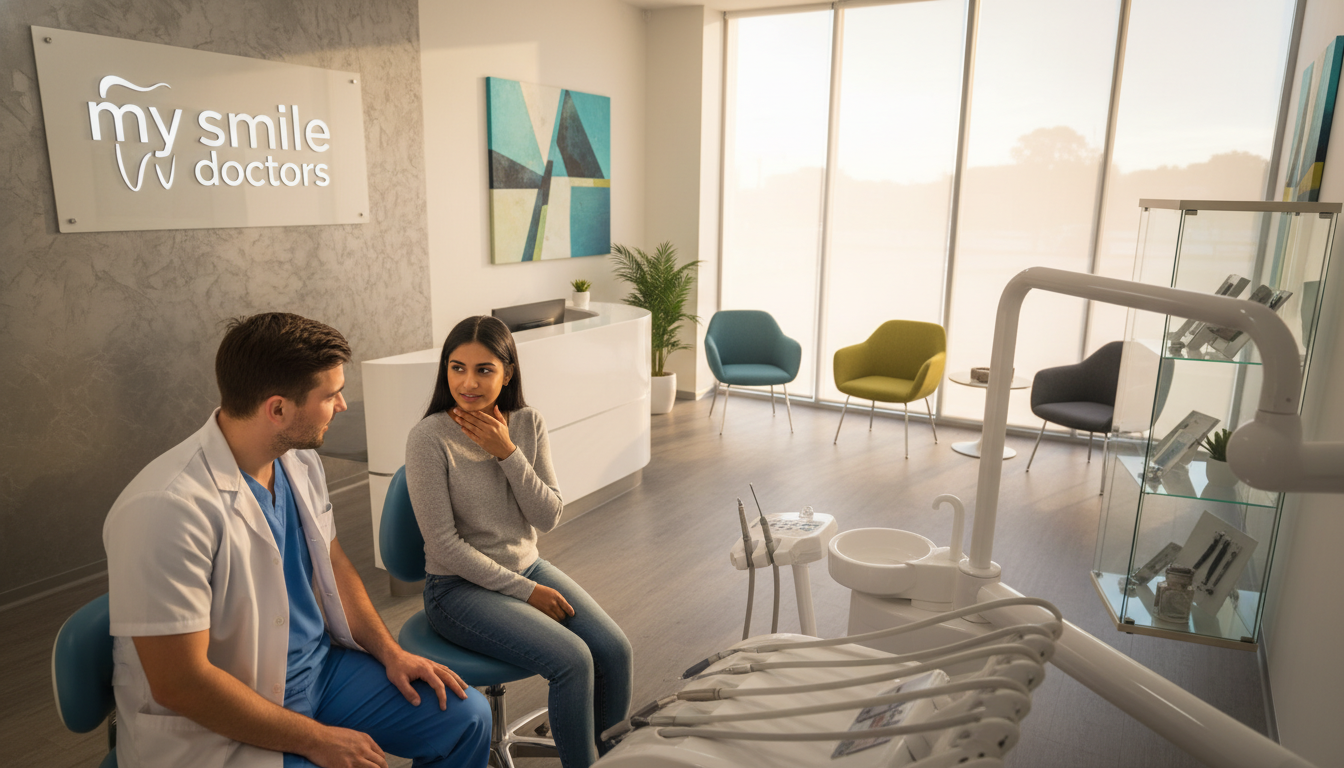 A serene dental clinic in Parramatta, designed for 24/7 emergency dental care. In the foreground, a caring dentist and a dental nurse in professional attire are attentively conversing with a diverse patient, showcasing compassion and support. The middle-ground features a modern reception area with vibrant, fresh décor, promoting a welcoming atmosphere, while visible dental tools and a comfortable chair signify readiness for care. The background subtly displays the clinic's branding, "my smile doctors," on a sleek sign. Soft, natural lighting streams in from large windows, enhancing the warm and inviting mood. The image captures a sense of urgency blended with comfort, highlighting the importance of accessible emergency dental services. The angle is slightly elevated, providing a comprehensive view of the scene while focusing on the interpersonal connection.