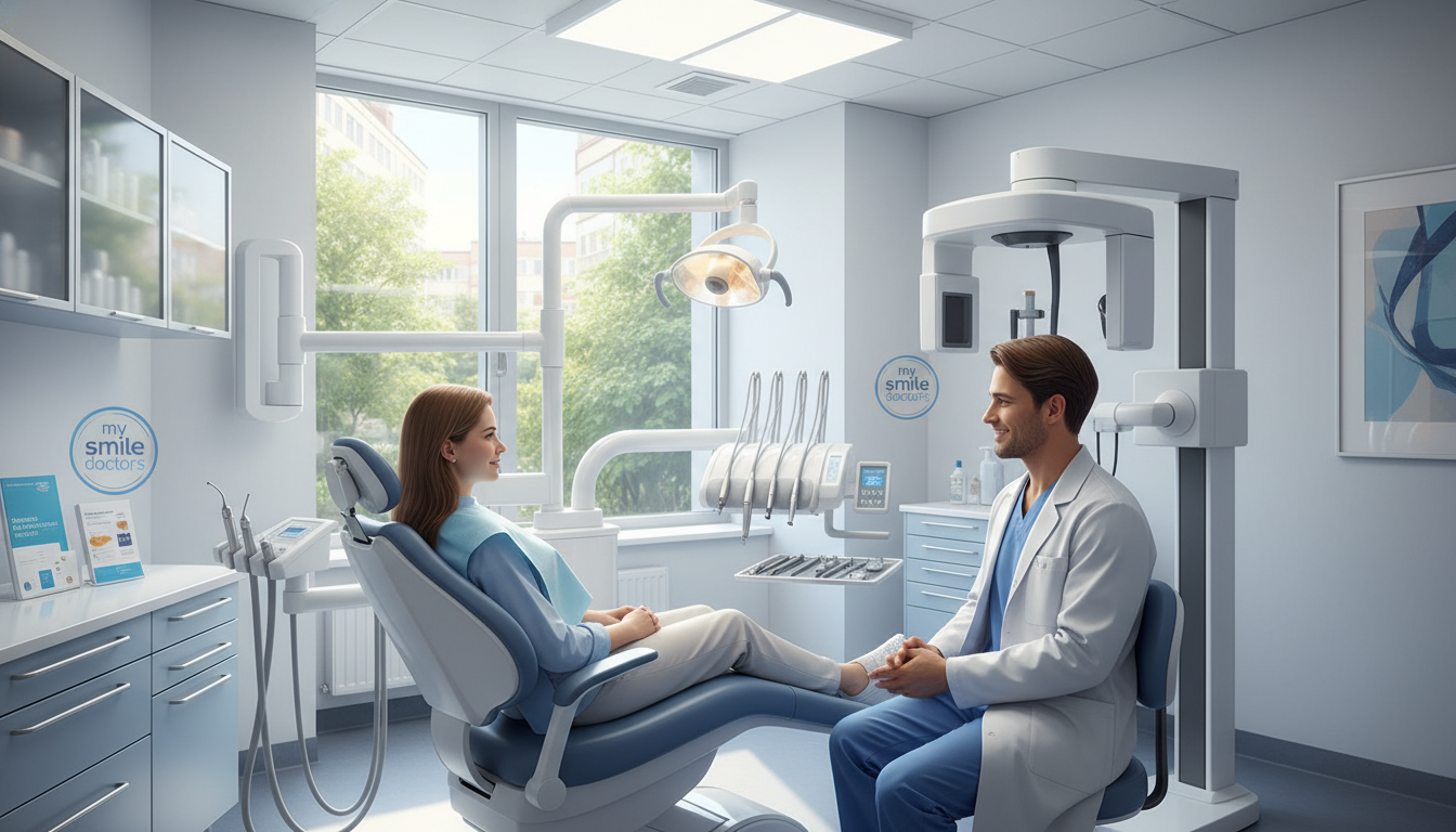 A serene dental clinic interior focusing on emergency dental implants, featuring a modern dental chair surrounded by high-tech dental equipment, with a soft blue and white color scheme. In the foreground, a friendly dentist in professional attire, smiling gently and providing reassurance to a patient in a comfortable dental gown. The middle ground showcases tools neatly arranged on a tray, while a large window in the background allows natural light to flood the space, creating a warm atmosphere. The lighting is bright yet soft, emphasizing cleanliness and calmness. Include subtle branding elements for "my smile doctors" in the decor. The overall mood should convey professionalism and comfort, emphasizing aftercare and recovery following dental implants.