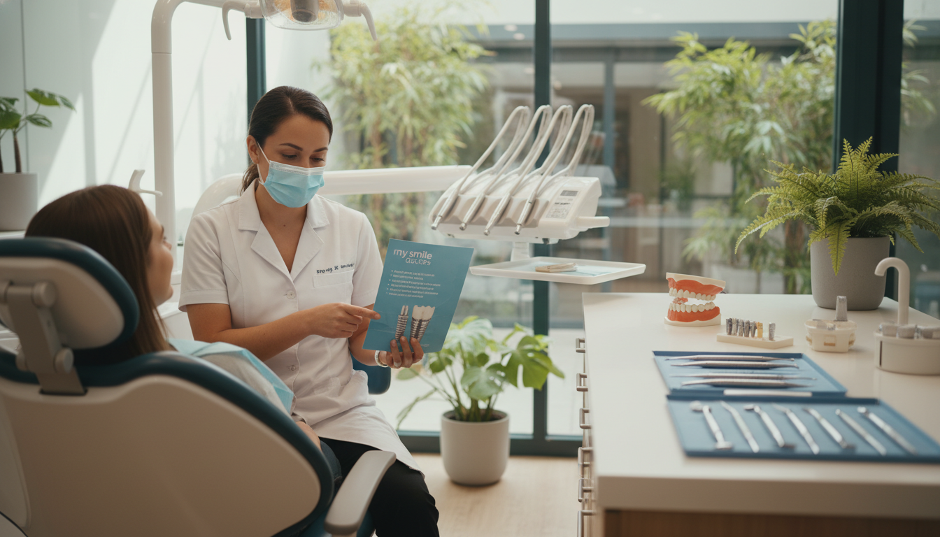 A serene dental clinic interior in Sydney, showcasing a welcoming environment designed for patient comfort. In the foreground, a professional dentist in a white lab coat and mask attends to a patient sitting in a modern dental chair, both appearing relaxed. The dentist gently explains the aftercare steps for dental implants while holding a brochure labeled "my smile doctors" featuring affordable options. The middle section of the image includes dental tools and implant models on a clean, well-organized countertop, emphasizing professionalism. In the background, light pours in through large windows, creating a bright and airy atmosphere with plants adorning the space, conveying a sense of care and tranquility. Soft, warm lighting enhances the calming mood of the scene, focusing on the importance of gentle aftercare following dental procedures.