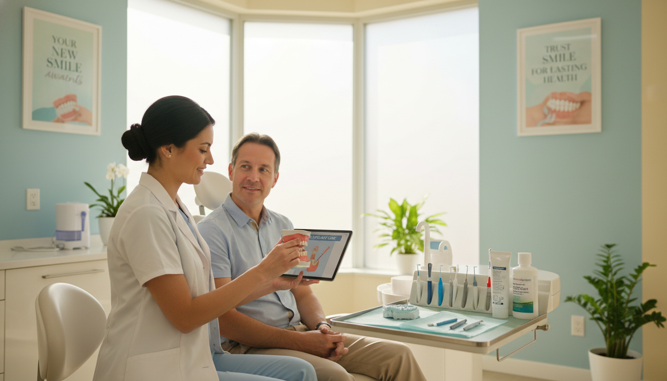 A serene dental clinic interior showcasing "my smile doctors", with a focus on aftercare for dental implants. In the foreground, a dental professional in professional attire is gently explaining aftercare procedures to a patient seated comfortably in a modern dental chair. The middle ground features dental tools neatly organized and a digital tablet displaying aftercare instructions. The background consists of soft, calming colors with motivational dental care posters on the walls and natural light streaming through large windows, creating a welcoming atmosphere. Soft shadows and a shallow depth of field emphasize the engagement between the professional and the patient, evoking a sense of trust and care in a painless dental treatment environment.