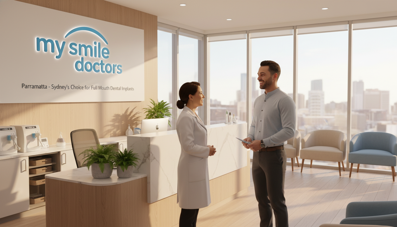 A serene dental clinic reception area, showcasing "my smile doctors" branding prominently on the wall. In the foreground, a professional dentist wearing a lab coat is interacting with a happy patient, both smiling, conveying a sense of trust and care. The middle ground features modern dental equipment and a welcoming reception desk, tastefully decorated with green plants for a calming atmosphere. In the background, large windows allow natural light to flood in, creating a bright and inviting ambiance. The overall mood is one of professionalism and reassurance, highlighting Parramatta as a leading destination for full mouth dental implants in Sydney. Use soft, warm lighting to enhance the inviting feel, captured from a slightly elevated angle for a comprehensive view.