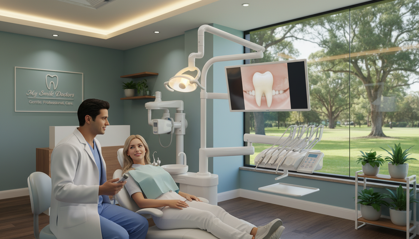 A serene dental clinic scene in Parramatta, emphasizing high-quality, anxiety-free dental care. In the foreground, a friendly dentist in professional attire gently interacts with a relaxed patient seated in a modern dental chair, enhancing the comforting atmosphere. The middle ground shows high-tech dental equipment and soothing decor, including calming colors and soft lighting that creates a welcoming ambiance. The background features a large window with a view of lush greenery, promoting a sense of tranquility. The lighting is soft and warm, casting gentle shadows that enhance the serene mood. The overall atmosphere evokes trust and comfort, highlighting the gentle approach of "my smile doctors" in providing professional dental care.