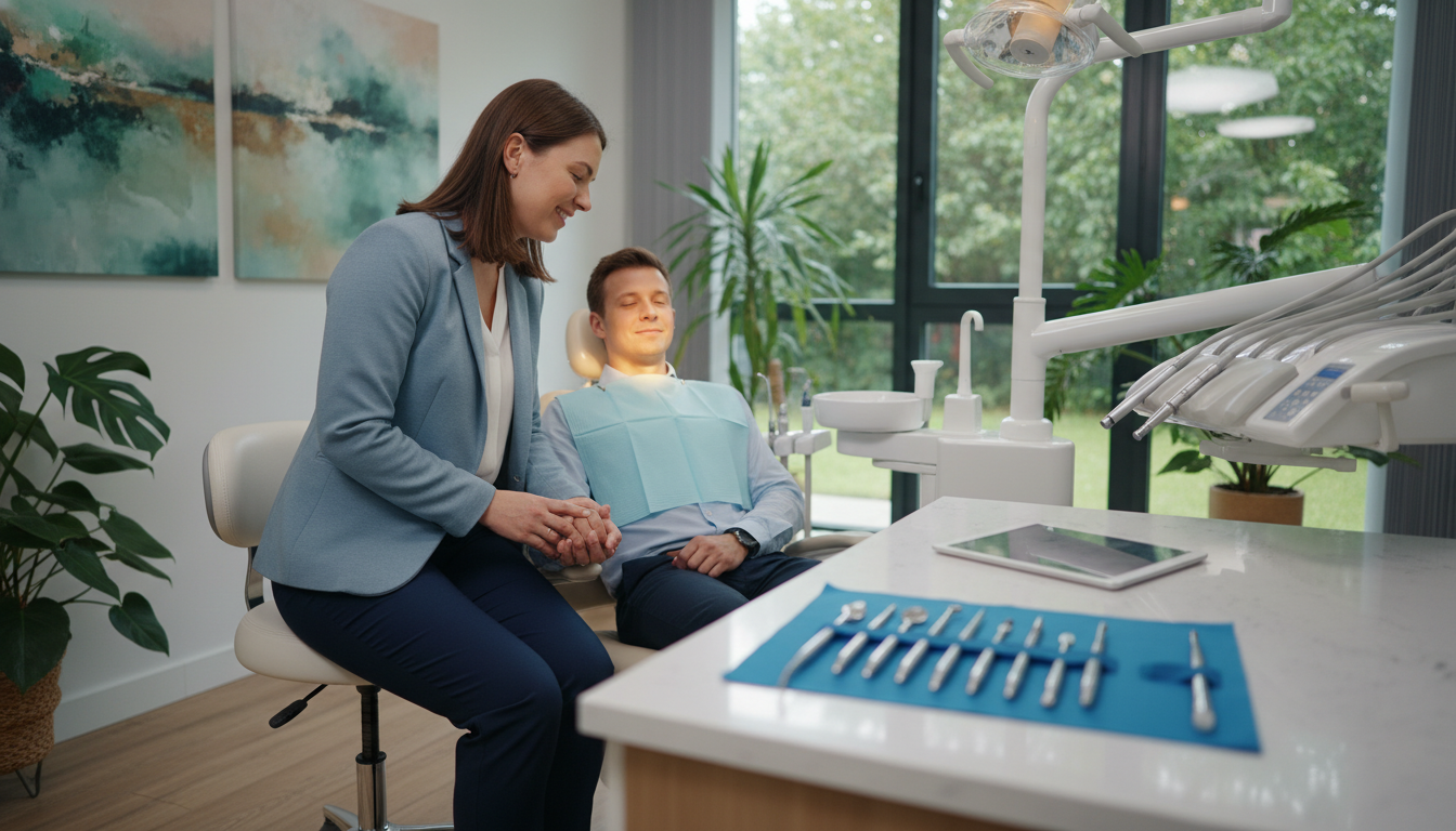 A serene dental clinic scene showcasing a gentle care approach to patient treatment. In the foreground, a compassionate dental professional in smart business attire, with a warm smile, gently interacts with a relaxed patient seated in a modern dental chair. The patient appears calm, with soft, inviting lighting illuminating their face, creating a sense of trust. In the middle ground, dental tools are neatly arranged on a glossy counter, hinting at professionalism and cleanliness. The background reveals a softly lit and inviting dental office decorated with calming nature-themed artwork and plants, enhancing the atmosphere of comfort and reassurance. The overall mood is warm, supportive, and reassuring, emphasizing a welcoming experience in dental care. Use a wide angle lens to capture the entire scene, ensuring the focus remains on the gentle interaction between the professional and the patient.