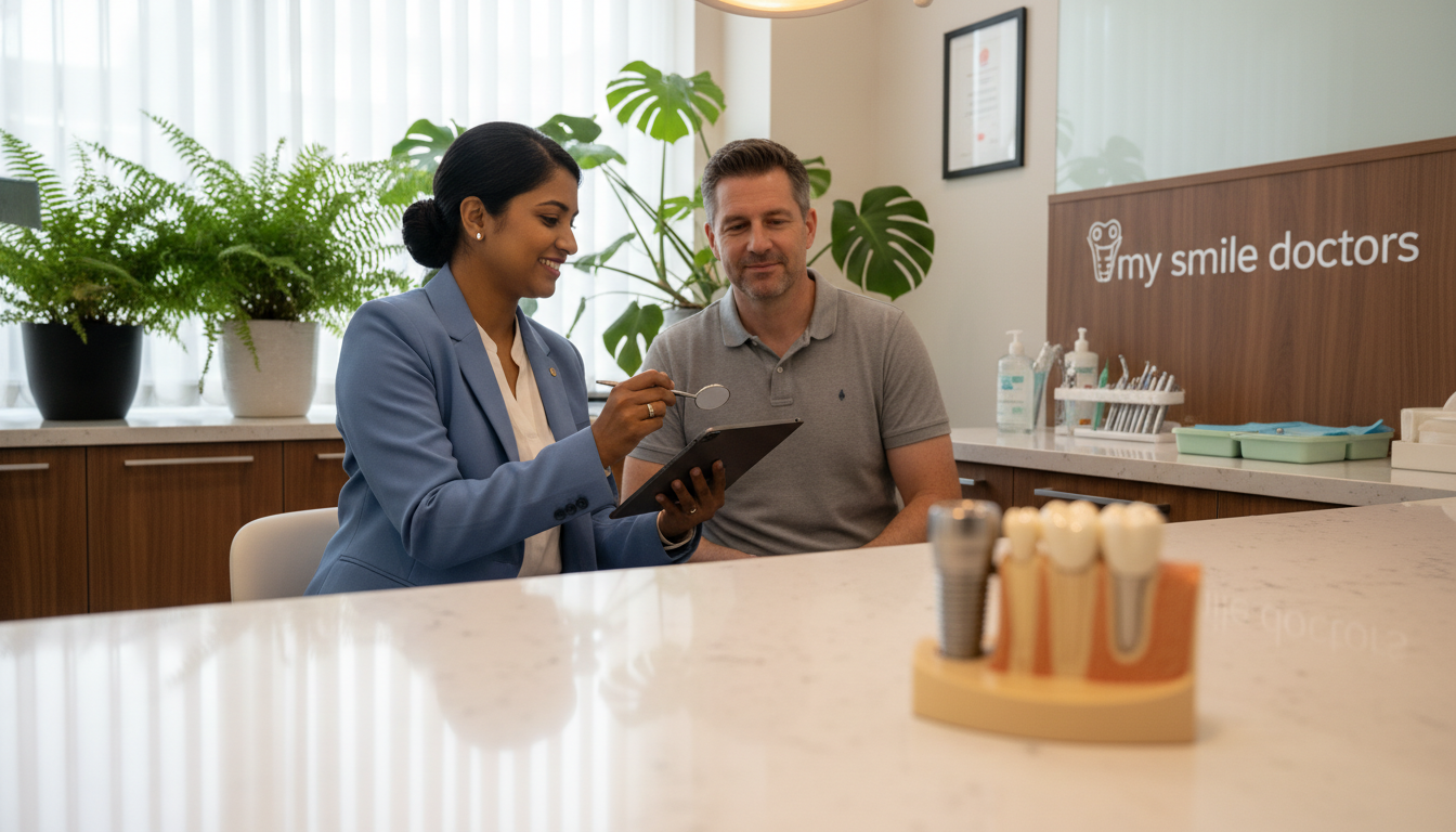A serene dental clinic setting showcasing the essence of quality dental implants in Parramatta. In the foreground, a close-up of a lifelike dental implant model is displayed on a sleek, modern dental countertop, illuminated with soft warm lighting. In the middle ground, a friendly, professional dentist in business attire examines a patient, an attentive adult wearing modest casual clothing, both looking positively engaged in a consultation. The background features a calming environment with potted plants and well-organized dental tools, enhancing the atmosphere of trust and care. The overall mood is reassuring and confident, reflecting the high success rates of dental implants. Integrate the brand name "my smile doctors" subtly within the decor, ensuring a cohesive and welcoming image.