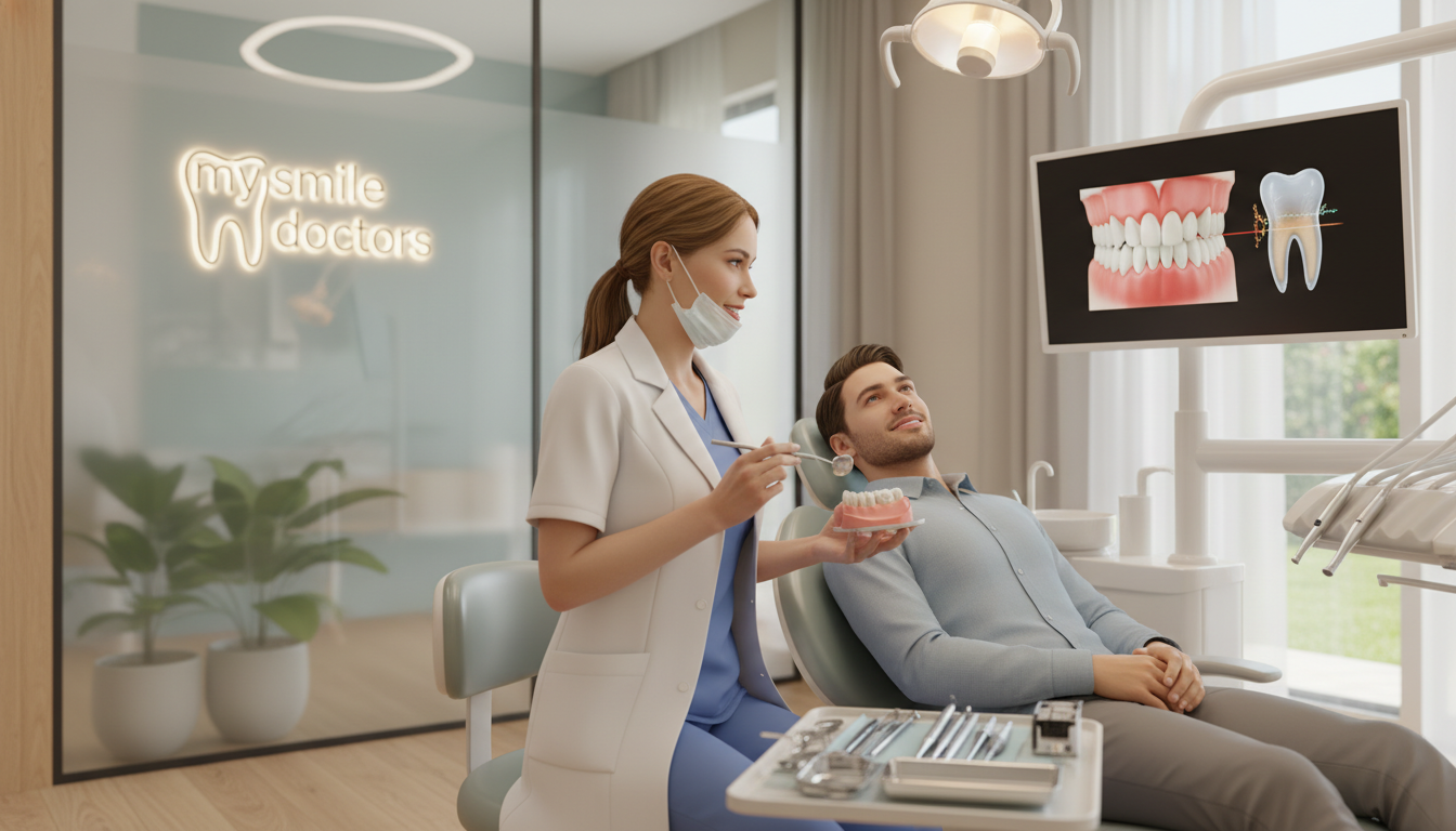 A serene dental clinic with a warm and inviting atmosphere, featuring a clean and modern design. In the foreground, a professional dentist, dressed in a white coat and surgical mask, gently holds dental tools while calmly explaining the procedure to a patient seated in a comfortable dental chair. The patient, appearing relaxed, is seated under soft, diffused overhead lighting that creates a comforting ambiance. The middle ground showcases dental equipment and a detailed image of healthy teeth on a monitor. In the background, the clinic’s logo, "my smile doctors," is subtly displayed on a wall. The overall mood is anxiety-free and reassuring, emphasizing trust and professionalism in tooth extraction procedures.