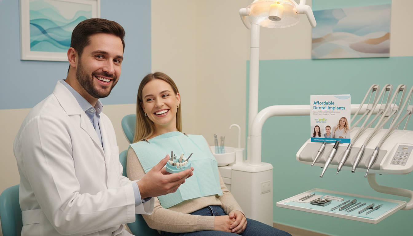 A serene dental office interior, showcasing a modern, budget-friendly dental restoration setup. In the foreground, a friendly, professional-looking dentist in a white coat works with a patient in a dental chair, both smiling to convey comfort and care. The dentist holds a dental implant model demonstrating the affordability of options available. In the middle, a well-organized dental workstation features various tools and a brochure titled "Affordable Dental Implants" showcasing budget-friendly options from "my smile doctors". In the background, soft, warm lighting creates a welcoming atmosphere, highlighting pastel-colored walls and gentle decorations. The image captures a sense of gentle care and professionalism, emphasizing the process of obtaining dental implants in a reassuring environment.