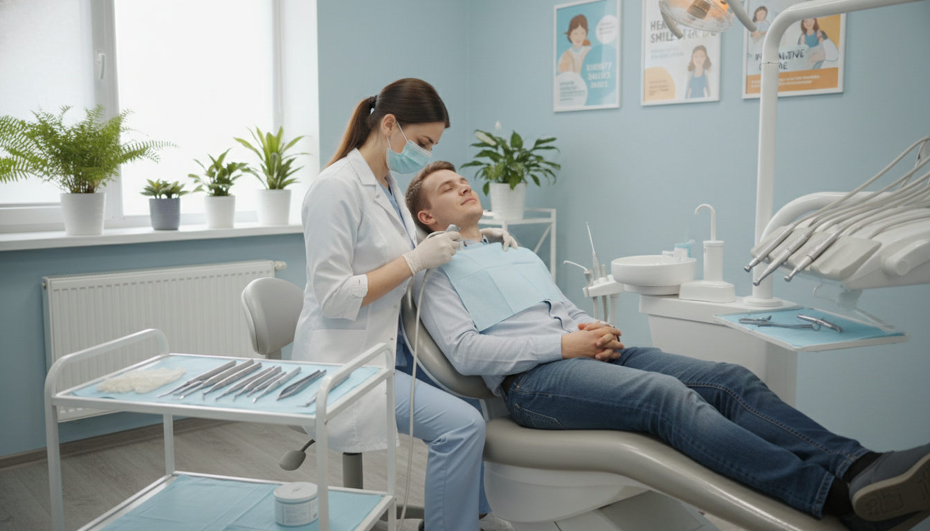A serene dental office scene focusing on a professional dental cleaning procedure. In the foreground, a dentist, dressed in smart scrubs and a mask, is gently using an ultrasonic scaler on a patient sitting comfortably in a modern dental chair. The patient, a young adult with a relaxed demeanor, looks calm, reflecting an anxiety-free experience. In the middle ground, dental tools and hygienic equipment are neatly organized on a tray. The background features a bright, well-lit room with soft lighting, potted plants, and reassuring dental posters highlighting the benefits of oral health. The atmosphere is tranquil and professional, evoking feelings of safety and care, captured with a wide-angle lens for a comprehensive view.