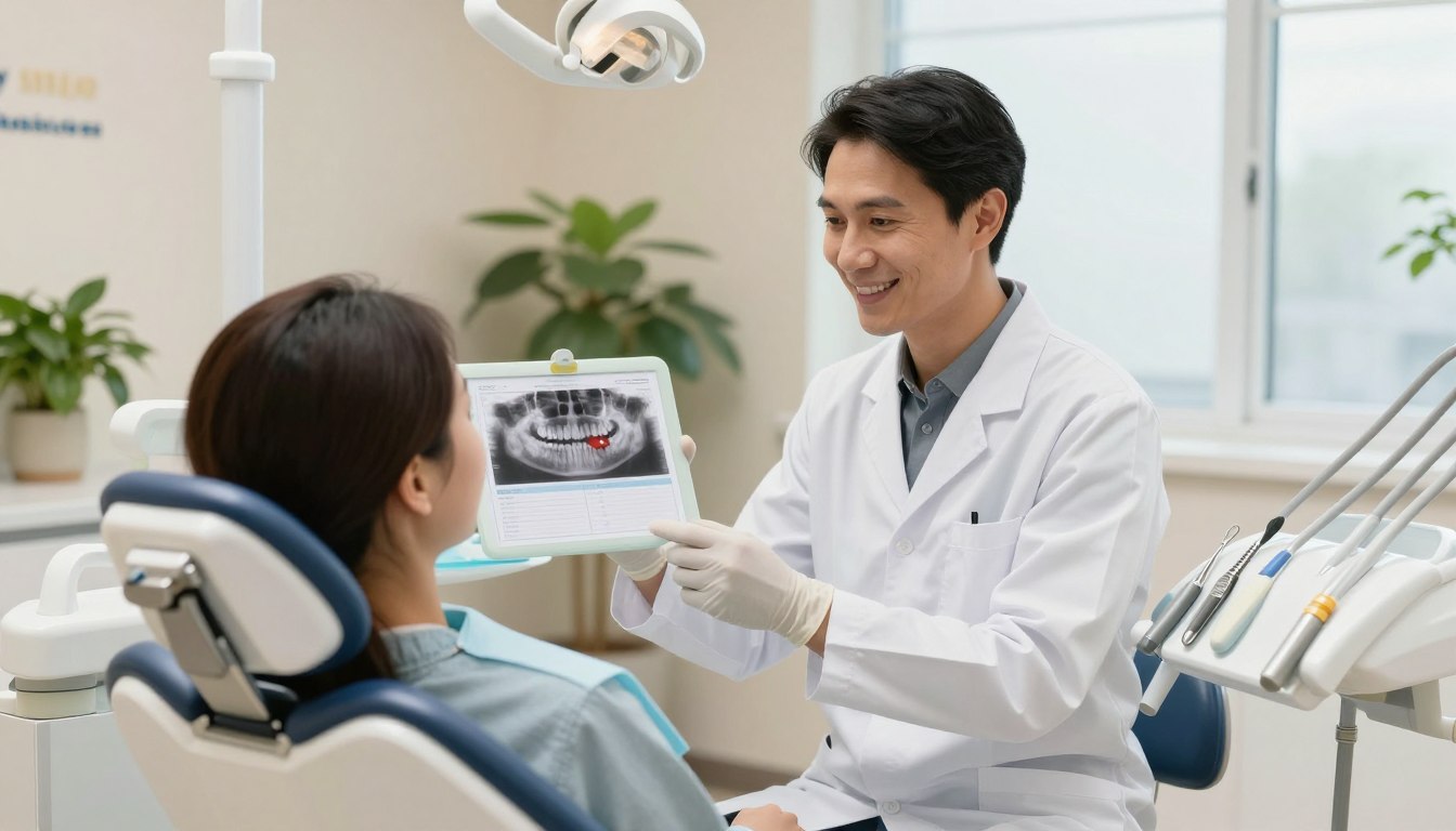 A serene dental office scene showcasing a friendly dental professional in a crisp white coat, gently explaining the wisdom teeth removal process to a patient seated in a modern dental chair. The foreground features a calming environment with soft lighting, plants, and dental tools neatly arranged on a nearby counter. In the middle ground, focus on an open dental chart that highlights wisdom teeth, conveying a sense of expertise and care. The background displays soothing colors and a window letting in natural light to enhance the atmosphere of trust and comfort. The branding "my smile doctors" is subtly incorporated in the dental office decor. The overall mood is reassuring and professional, emphasizing a sense of attentiveness and empathy for patients.