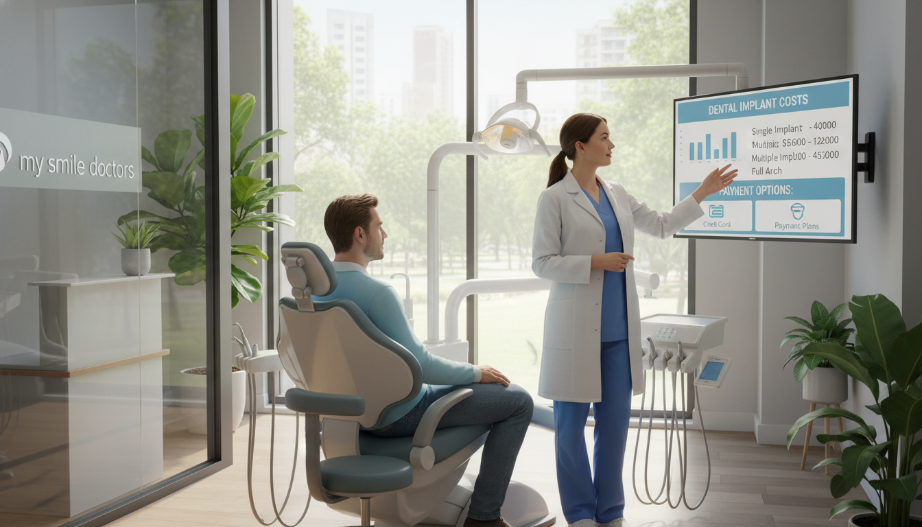 A serene dental office scene showcasing a professional dental consultation regarding dental implants. In the foreground, a knowledgeable dentist in a white coat and blue scrubs discusses implant options with a patient in modest casual clothing, both appearing engaged and relaxed. The dentist gestures toward a digital display that illustrates implant costs, highlighting different payment options. In the middle, a sleek examination chair and dental equipment are visible, symbolizing cutting-edge technology. The background features large windows with natural light streaming in, creating a bright, welcoming atmosphere. Plants add a touch of liveliness, while the branding "my smile doctors" is subtly integrated into the office decor, emphasizing professionalism and care. The overall mood is tranquil and reassuring, ideal for prospective dental implant patients.