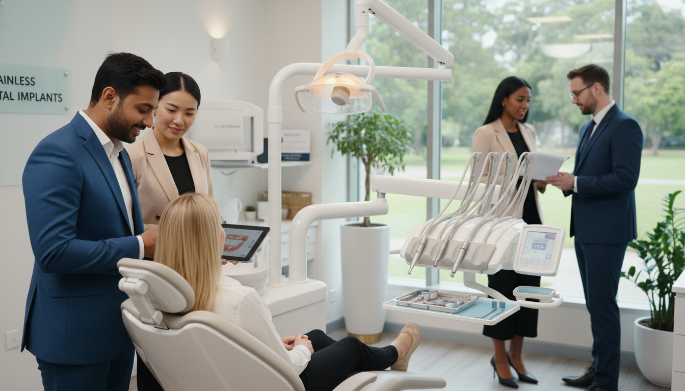 A serene dental office setting in Parramatta, featuring a group of dental professionals with diverse backgrounds, all dressed in professional business attire, demonstrating a caring atmosphere. In the foreground, a friendly dentist gently explaining the dental implant procedure to a patient seated in a modern dental chair, conveying a sense of comfort and trust. The middle ground showcases advanced dental equipment and tools, highlighting the state-of-the-art practices of "my smile doctors". In the background, soft, natural light filters through large windows, creating a warm and inviting ambiance. The overall mood is reassuring and professional, emphasizing the theme of painless dental implants and a welcoming dental experience.
