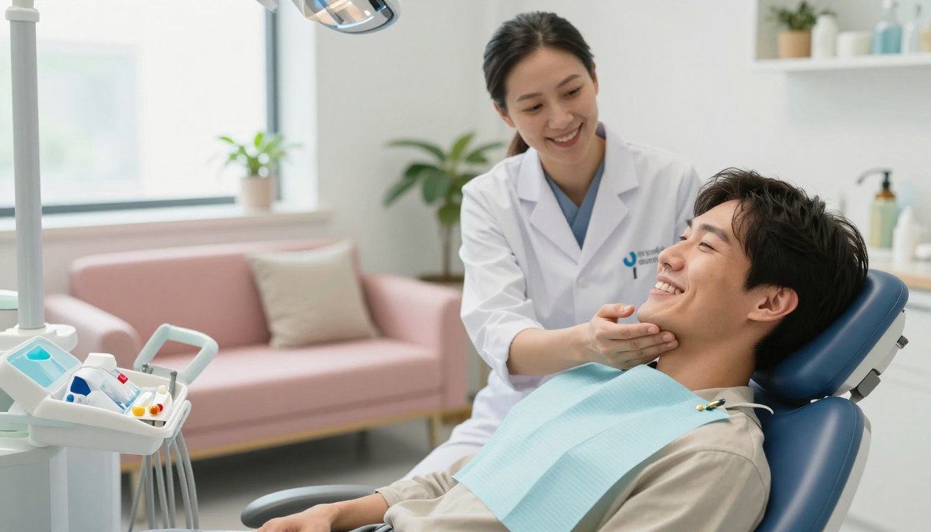 A serene dental recovery scene, showcasing a patient comfortably resting in a well-lit dental office, wearing modest casual clothing. In the foreground, a smiling individual gently touching their cheek in relief, with a healing dental care kit nearby that includes ice packs and medications. In the middle, a cozy dental chair and calming decor, featuring soft pastel colors and plants to emphasize a comforting atmosphere. In the background, a friendly dentist in professional attire consulting a patient with an encouraging smile, symbolizing support during recovery. Natural light filters through a window, creating a warm and inviting mood. The image embodies hope and care, reflecting the brand "my smile doctors."