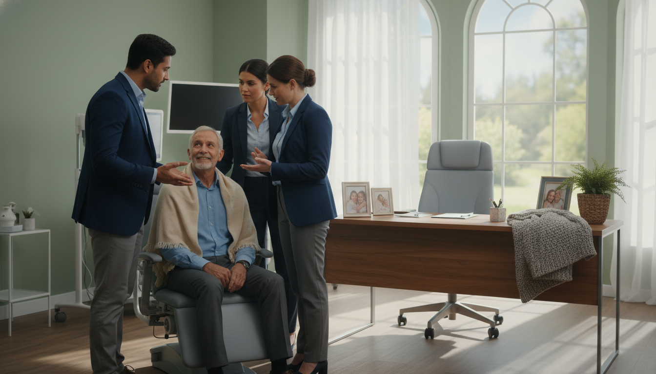 A serene healthcare environment showcasing personalized care. In the foreground, a diverse group of healthcare professionals in professional business attire are engaged in a caring discussion with a patient, conveying warmth and attentiveness. The middle layer features a well-equipped examination room with personalized touches, like family photographs and comfort items, emphasizing the patient-centric approach. The background displays soft, natural light coming through large windows, enhancing the inviting atmosphere. Use a slightly blurred depth of field for focus on the interaction in the foreground. The overall mood is compassionate and supportive, reflecting trust and quality in patient care, with a color palette of soft blues and greens to promote calmness and comfort.