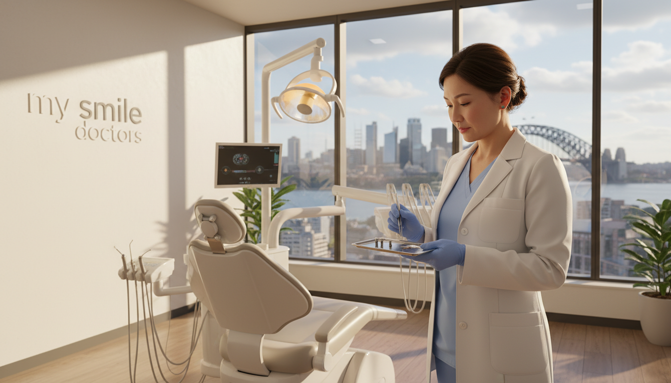 A skilled dental implant specialist in a bright, modern clinic in Sydney, wearing a professional scrub and a white coat. The foreground features the specialist, a middle-aged Asian woman with a focused expression, examining a dental implant on a tray. In the middle ground, a sterile dental chair and equipment are visible, showcasing high-tech tools and a bright lamp. The background includes a large window with a view of Sydney’s skyline, reflecting the city’s vibrant atmosphere. Warm, natural light floods the scene, creating a welcoming mood. The brand name "my smile doctors" is subtly incorporated into the design of the clinic’s walls in a stylish, understated manner.