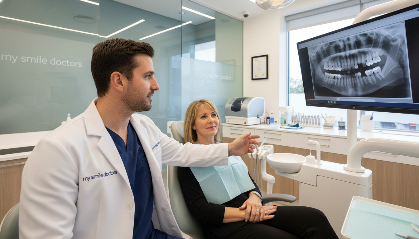 A skilled dental implant surgeon in a modern clinic setting, focused on a patient consultation. The foreground features a dentist, dressed in professional attire, examining dental x-rays on a digital screen, showing expertise and care. The middle ground includes the patient, showing a relaxed demeanor, highlighting the painless aspect of the surgery. Background elements include state-of-the-art dental equipment and a calming color palette with soft, ambient lighting to create a welcoming atmosphere. The setting should convey professionalism and trust, with the brand name "my smile doctors" subtly integrated into the clinic's design. The angle is a slight tilt showing both the doctor and the patient, emphasizing their interaction. The mood is reassuring and confident, perfect for an article on expert dental care in Parramatta.
