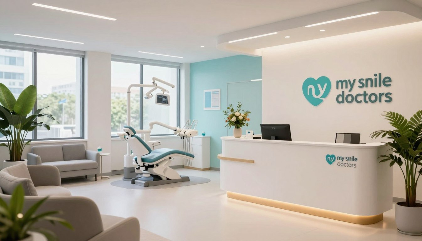 A sleek, modern clinic environment set within Westfield Parramatta. In the foreground, a bright reception area featuring a welcoming front desk, adorned with the logo "my smile doctors". Comfortable seating with contemporary design, and lush indoor plants for added warmth. The middle ground showcases dental consultation rooms with state-of-the-art equipment and large windows allowing natural light to flood in. In the background, a calming color palette of soft blues and whites enhances the anxiety-free atmosphere. Use a wide-angle lens perspective to emphasize openness and tranquility. Soft, warm lighting creates a friendly ambiance, while a slight bokeh effect adds depth. Overall, the scene should evoke a sense of cleanliness, professionalism, and comfort.
