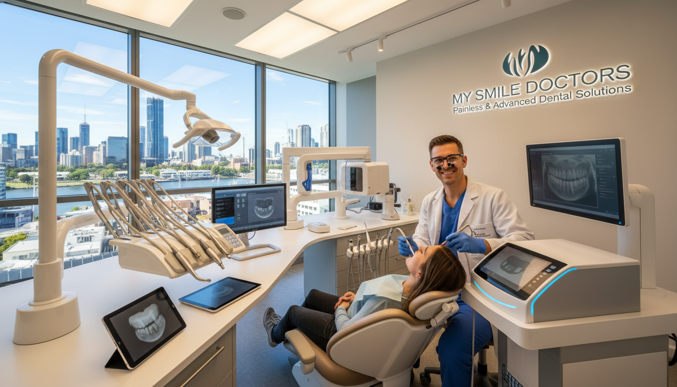 A sleek, modern dental clinic interior in Parramatta, showcasing advanced dental technology. In the foreground, a friendly dentist wearing professional attire is engaged in a procedure using a high-tech dental implant machine, demonstrating a focus on innovation and patient care. In the middle, display a variety of cutting-edge dental tools and digital imaging equipment, illuminated by soft, bright lighting to create a clean and inviting atmosphere. In the background, a large window reveals a sunny view of Parramatta's skyline, subtly emphasizing the clinic's location. The mood is professional yet approachable, reflecting the expertise of "my smile doctors," with an emphasis on painless and advanced dental solutions.