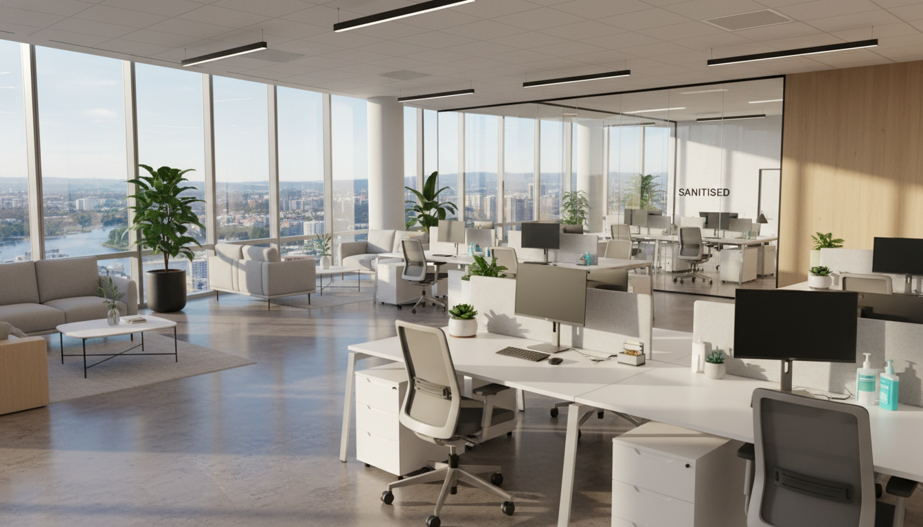 A sparkling clean, modern office interior in Parramatta, Australia, with polished floors and sunlit windows, reflecting a professional and hygienic environment after a deep clean.
