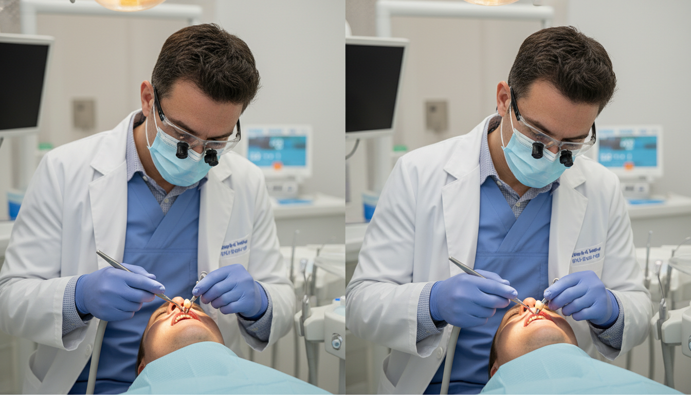 A split screen image illustrating a damaged tooth being removed and an immediate dental implant with a temporary crown being placed on the same day.