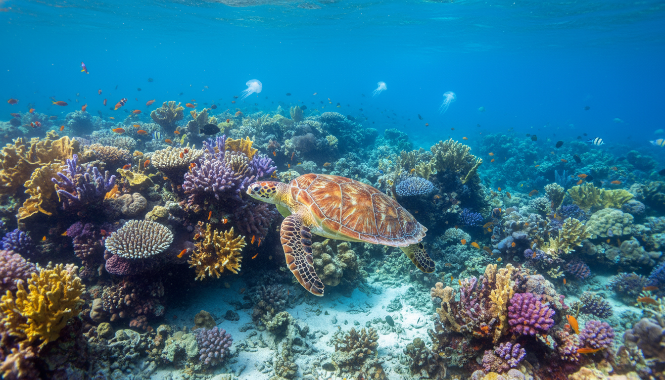 A stunning underwater shot of the Great Barrier Reef featuring colourful coral formations and a sea turtle swimming through clear turquoise water.