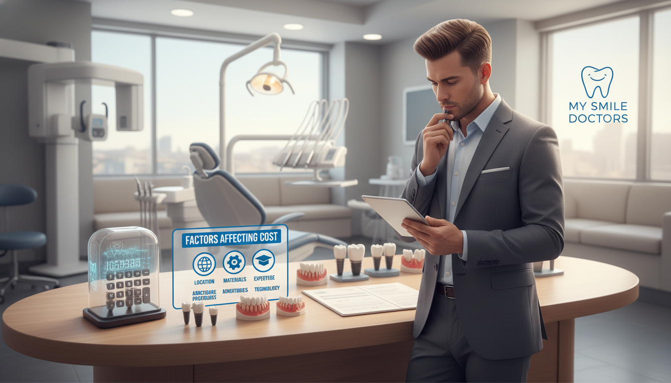 A visually compelling infographic depicting the factors affecting the cost of dental implants. In the foreground, include a dental professional in smart business attire, examining dental charts and model implants, with a thoughtful expression. In the middle, showcase various elements such as a calculator, diverse dental implant models, and a list titled "Factors Affecting Cost” with icons representing each factor like location, materials, and expertise. In the background, display a bright, modern dental clinic environment with comfortable seating and advanced equipment. Use soft, natural lighting to create an inviting atmosphere while emphasizing the professionalism of "my smile doctors". The image should convey clarity and helpfulness, designed for informative purposes without any text, watermarks, or distracting elements.