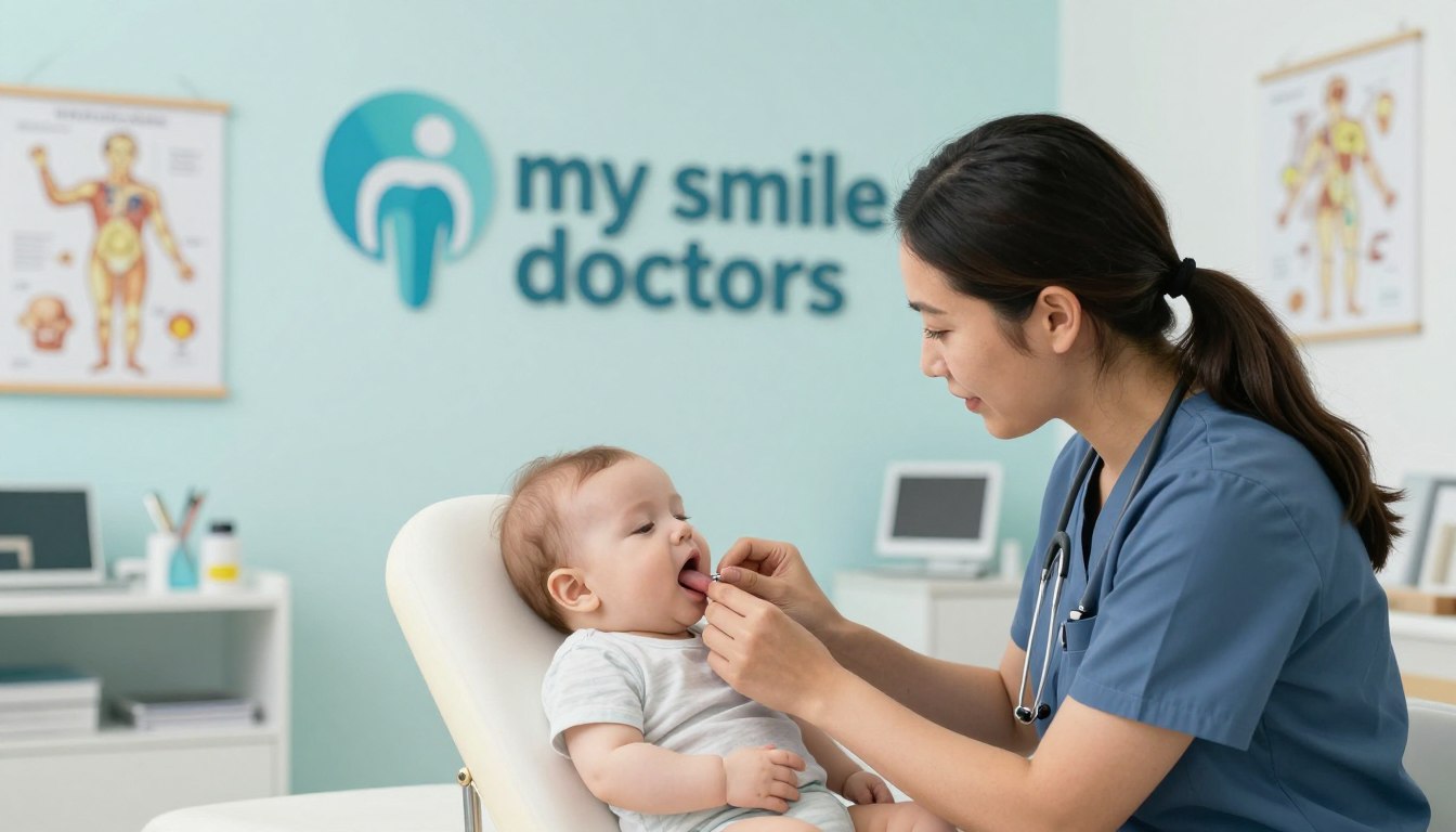 A warm and compassionate clinical setting showcasing a tongue tie treatment consultation. In the foreground, a healthcare professional in smart casual attire, focused and attentive, gently examining a baby's mouth, who appears calm and relaxed. The middle ground features a pediatrician's office with soft, natural lighting illuminating medical tools and anatomical charts on the walls, creating an inviting atmosphere. In the background, a soothing color palette of light blues and greens adds a sense of tranquility, while a logo prominently displays "my smile doctors" to emphasize expertise in tongue tie treatment. The composition captures a professional yet caring mood, emphasizing comfort and trust for concerned parents in Sydney and Parramatta.