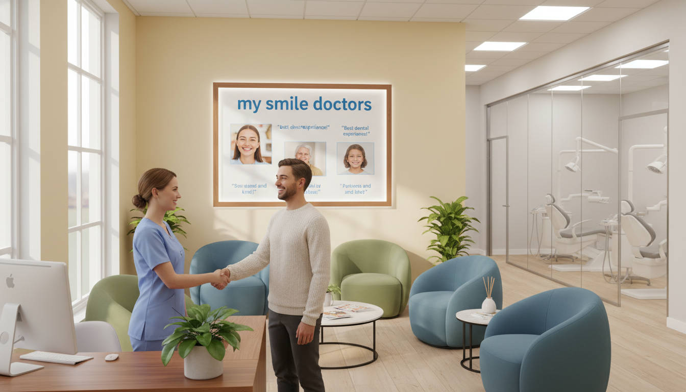 A warm and inviting dental clinic reception area, showcasing a comfortable waiting space with plush chairs and calming decor. In the foreground, a friendly receptionist, dressed in professional scrubs, greets a happy patient with a warm smile. The middle layer displays cheerful testimonials displayed on a stylish board featuring smiling faces of diverse patients alongside the brand name "my smile doctors." The background includes bright, well-lit dental rooms visible through glass panels, conveying a clean, modern atmosphere. Soft, natural lighting filters in from large windows, creating a soothing ambiance. The overall mood is positive and reassuring, embodying the theme of anxiety-free quality care in a dental clinic setting.