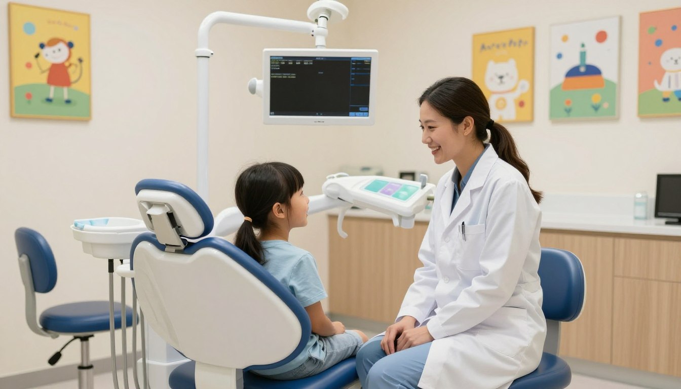 A warm and inviting dental clinic room in Parramatta specifically designed for children, featuring colourful wall art, a small dental chair, and a friendly dentist smiling at a happy young child during a check-up.